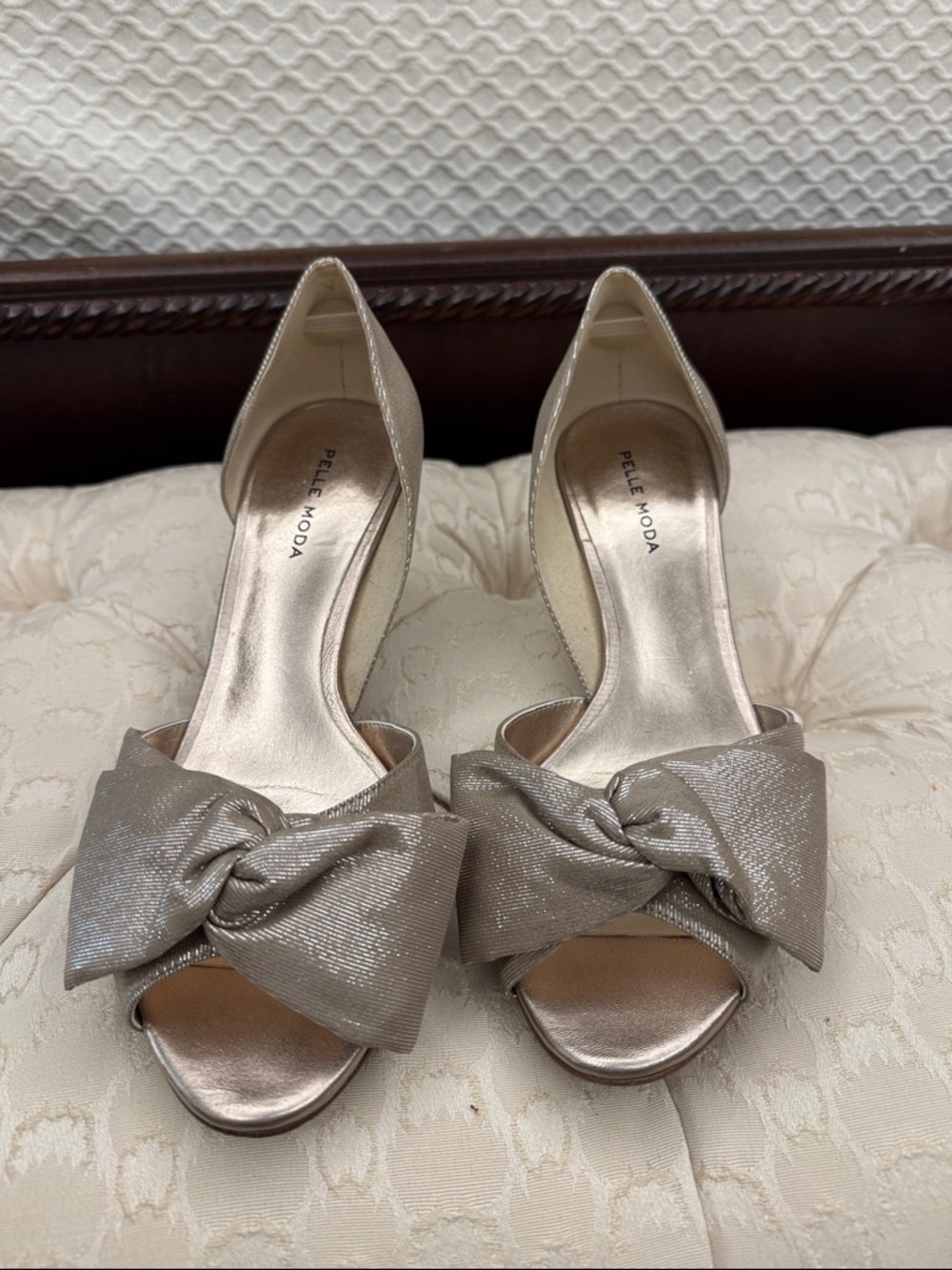Pelle Moda Metallic Champagne Knot Peep-Toe Heels